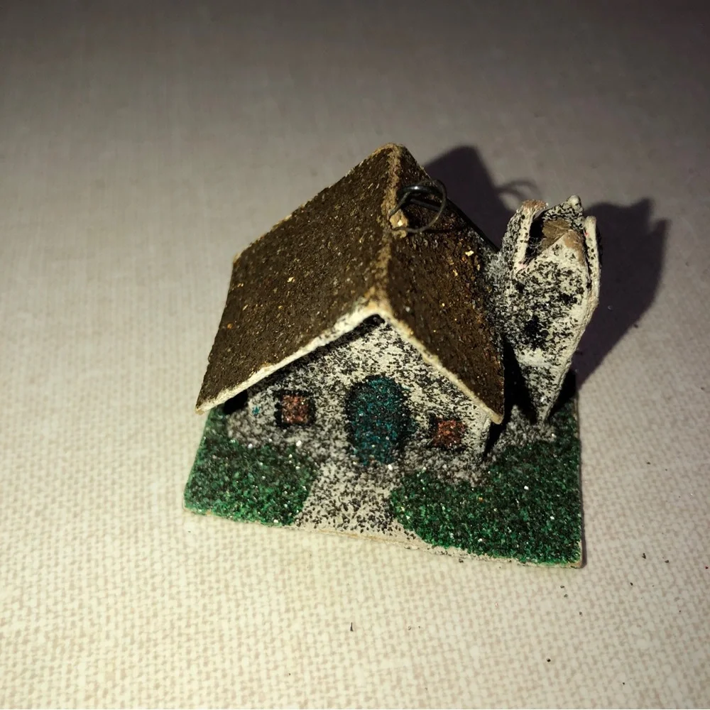 Vintage Paper‎ Cardboard Glitter Church House Christmas Tree Ornament Japan Made
